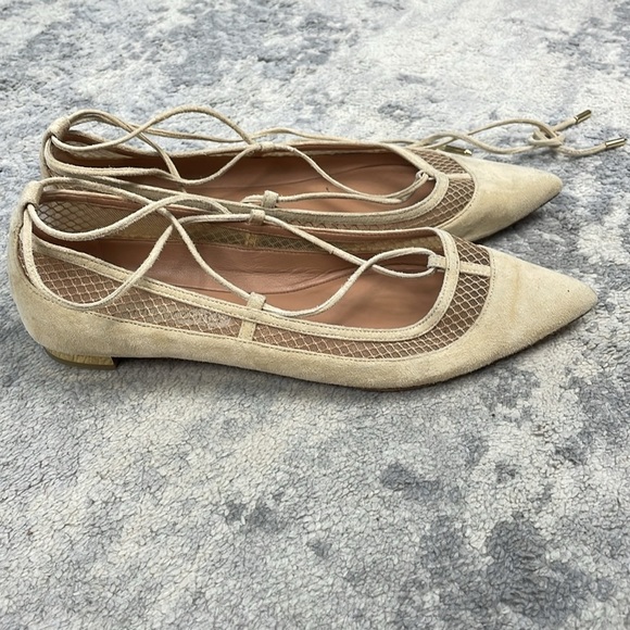 Aquazzura Dalia Pointed Toe Wrap Around Ballet Flats Cream Suede Mesh Sz 37 - Picture 5 of 14